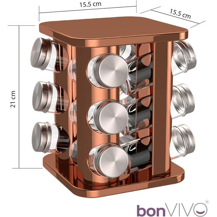 bonVIVO Rondo: поворотна підставка для спецій на 12 відділень, нержавіюча сталь, сріблястий колір, регульоване спеційне карусель, спеційне коло для солі та перцю (мідь)