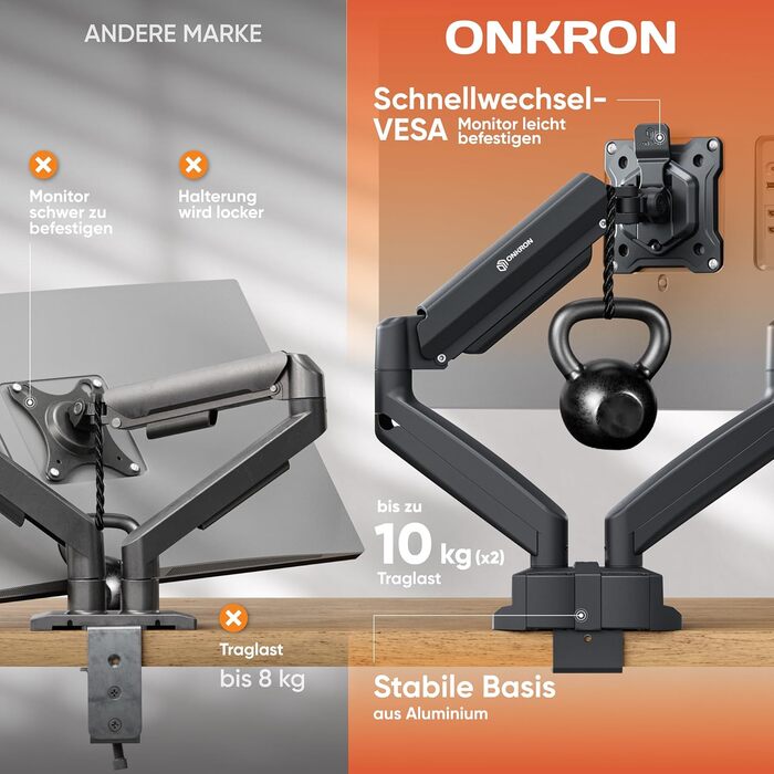 Кронштейн для двох моніторів ONKRON G160-BW (13-32 дюйми), газліфт, білий, VESA 75x75/100x100, навантаження до 10 кг на руку