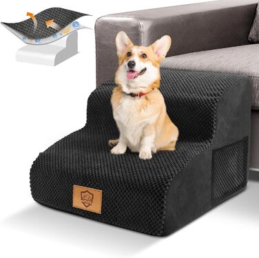 2-Step Dog Stairs, 40cm Cat Stairs with Washable Cover, Dog Stairs for Small Dogs, Pet Stairs for Dogs and Cats, Cat Stairs for Senior Cats, Black