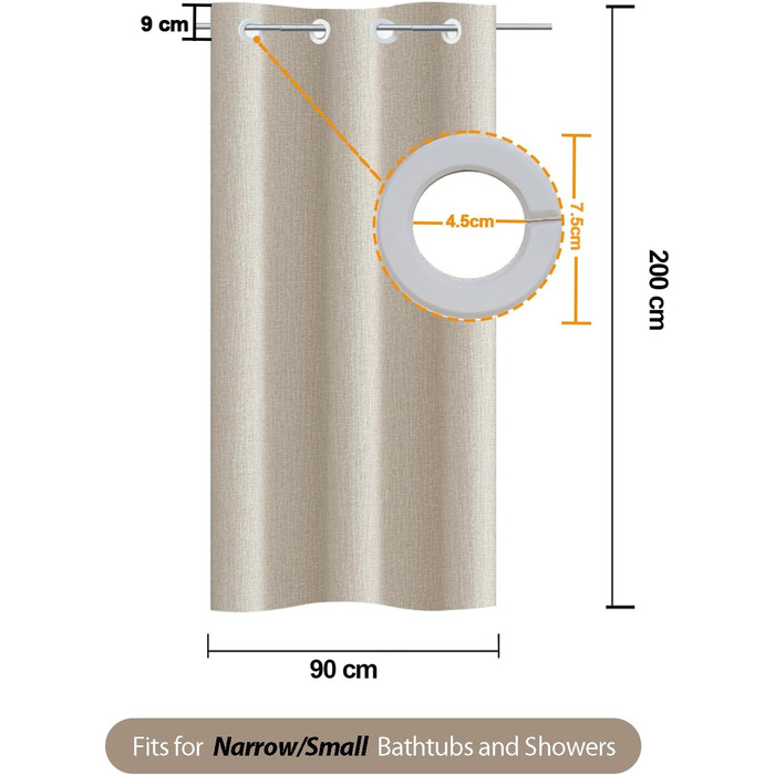 Штора для душу YISURE без гачків, льон бежевий 120x200 см. Водовідштовхувальна тканинна штора для ванної кімнати, машинне прання