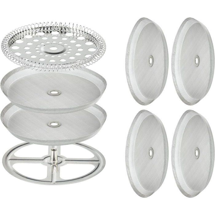 8-Piece Stainless Steel Replacement Parts Set for French Presses, 6 Pieces, 10.2 cm, Universal Filter with Spiral and Cross Disc, for 963g / 9.75 inch wide Coffee Press