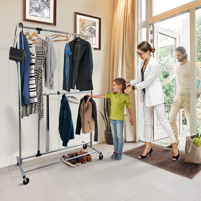 Tatkraft Drago Clothes Rack - Stable, with 2 Clothes Rails, up to 110 kg, Coat Rack, Adjustable, Clothes Rack on Wheels, Metal, (Silver)
