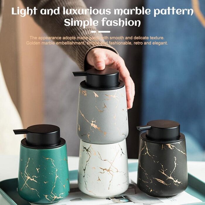 Дозатор мила для кухні XUDREZ, керамічний, 380 мл, наповнюваний, чорний мармуровий візерунок