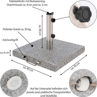 Nexos Parasol Stand 30kg Polished Granite Stainless Steel Square 45 x 45 cm Parasol Stand with Handle and Wheels
