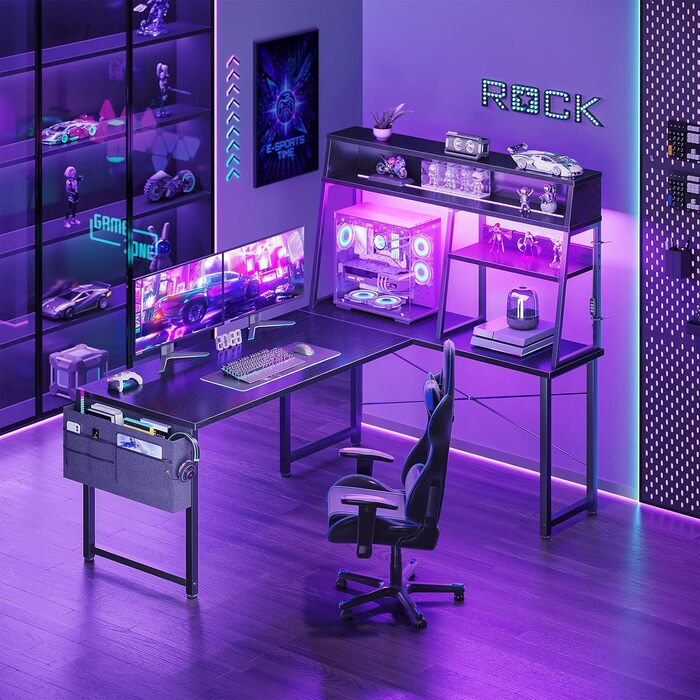 Ігровий стіл Coleshome L-подібної форми з LED підсвічуванням, 10 кольорів, 130x100 см, з полицями та кишенями для зберігання, для дому та геймерів, чорний