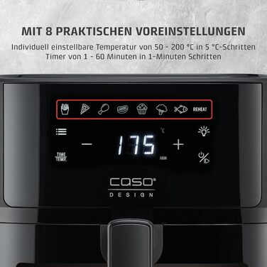 Фритюрниця без олії CASO AirFry 6.0 - 6 літрів, тиха, з таймером та 8 пресетами, нержавіюча сталь