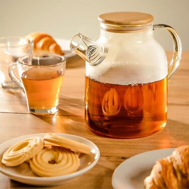 Чайник зі скла 1,5 літра з дерев'яним кришкою та фільтром - для гарячих та холодних напоїв - придатний для миття в посудомийній машині - стійкий до холоду та тепла - ідеальний для літа та зими