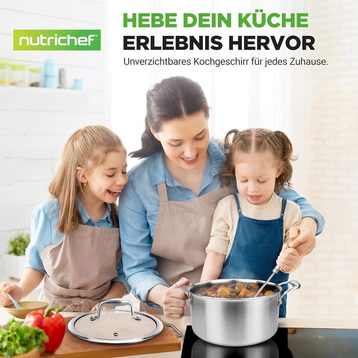 Набір каструль NutriChef з нержавіючої сталі, 6 предметів – антипригарні сковорідки 20см, 25см, 30см з кришками, підходить для індукційних плит, стійкий до подряпин та придатний для духовки, можна мити в посудомийній машині. Включає каструлю об'ємом 5 літ