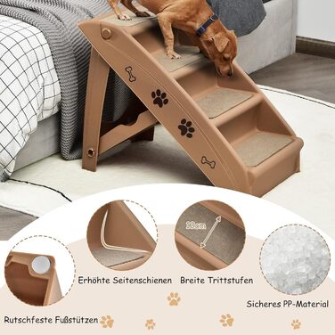 Сходинки для домашніх тварин GYMAX з 4 сходинками, складана драбинка для собак і котів з пластику, з антиковзкими накладками, 4 килимками та трикутною структурою, допомога у підйомі для котів та собак (колір: кава)