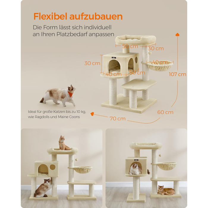 Feandrea Cat Tree for Large Cats, XXL, Heavy-Duty, Cat Tower with 6 Extra Thick Scratching Posts, Large Platform, Cave, Basket, Flexible Assembly, Detachable and Washable Cushions, Beige PCT01M