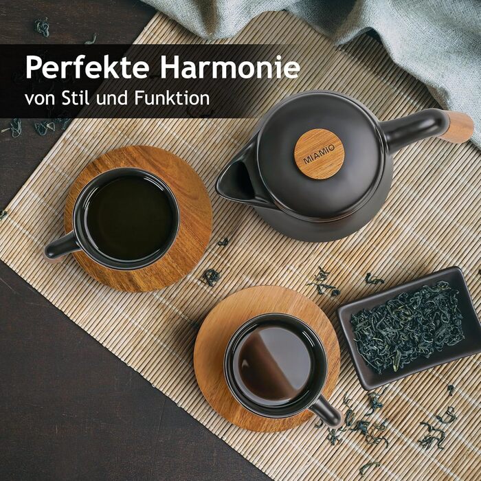 Набір для чаю Miamio: чайник 1 л з ситечком та 4 чашки (300 мл), підставка з бамбука. Кераміка, білий/чорний