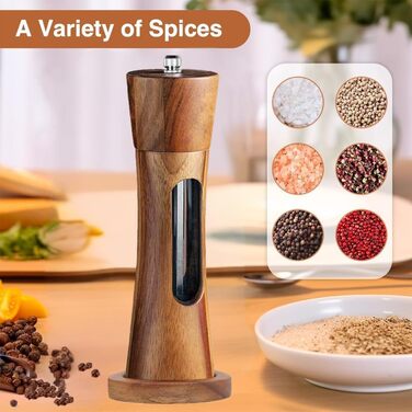 Дерев'яна мельниця для солі та перцю з підставкою, ручна, з регульованим керамічним жорном, 20 см