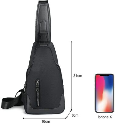 Чоловіча нагрудна сумка-слінг Brusttasche з USB-портом для зарядки, водонепроникна, чорна