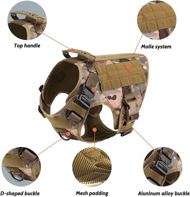 FeimaX Tactical Dog Harness with Handle Military Net Working Tactical Dog Vest Chest Harness for Large Dogs No Pull Adjustable Vest for Walks Training (Camo, S) Camo S