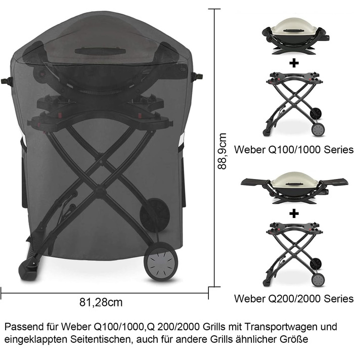 Чохол для гриля Weber Q 1000/2000 з візком, водонепроникний 600D Oxford, для моделей 50060001, 51060001, 54060001, міцний BBQ аксесуар