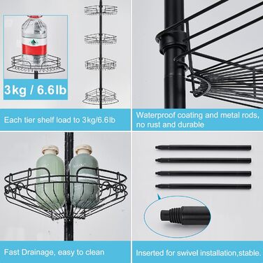 DUFU Поличка для душу та ванни кутова металева з 4 кошиками, регульована висота 73-265 см, чорна