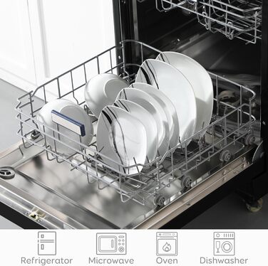 VEWEET Набір посуду з порцеляни для 4 осіб (24 елементи), серія FIONA: чорно-сірий декор, 12 елементів (тарілки та миски), підходить для щоденного використання, миється в посудомийній машині та розігрівається в мікрохвильовці