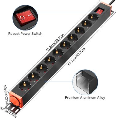 Мережевий фільтр 10 розеток з захистом від перенапруги, поворотний на 360°, для кріплення на стіну, кабель 1,8м, 16A/4000W, для офісу та дому, чорний