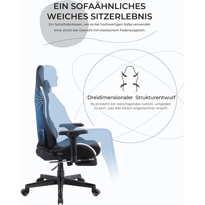 Ігровий крісло Dowinx з тканини - ергономічне крісло для офісу з функцією масажу, підголівником, поперековою подушкою та підставкою для ніг - чорно-біле