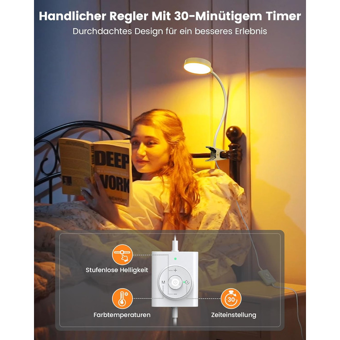 Glocusent 5W LED Лампа для читання на ліжко, кліпса, 3 кольори/5 рівнів яскравості, гнучкий тримач, CRI 90, USB зарядка (біла)