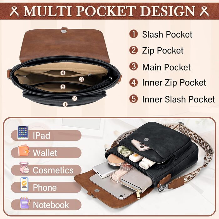 Сумка жіноча RAINSMORE середнього розміру через плече, шкірзам PU, чорно-коричнева