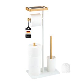 Набір для туалету Eluno 4в1: щітка для унітазу, тримач рулонів, полиця, бамбук/метал (білий)