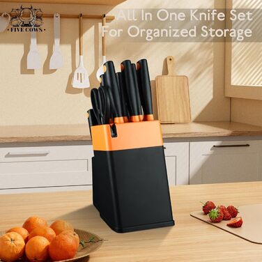 Набір кухонних ножів FIVE COWS з 14 предметів: професійний набір ножів для дому (Оранжевий)