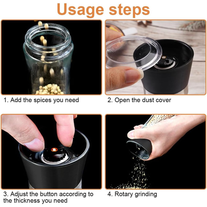 Набір з 2 шт. мельниць для перцю та солі, регульована ступінь помелу, керамічний механізм, прозоре скло та нержавіюча сталь, підходить для перцю, солі та чилі