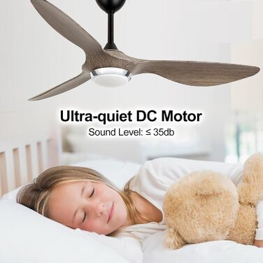 Стеляний вентилятор Reiga з підсвічуванням та пультом дистанційного керування, 132 см, тихий реверсивний двигун, 6 швидкостей, таймер, регульована яскравість та 3 колірні температури, коричневі лопаті (сірі та чорні лопаті)