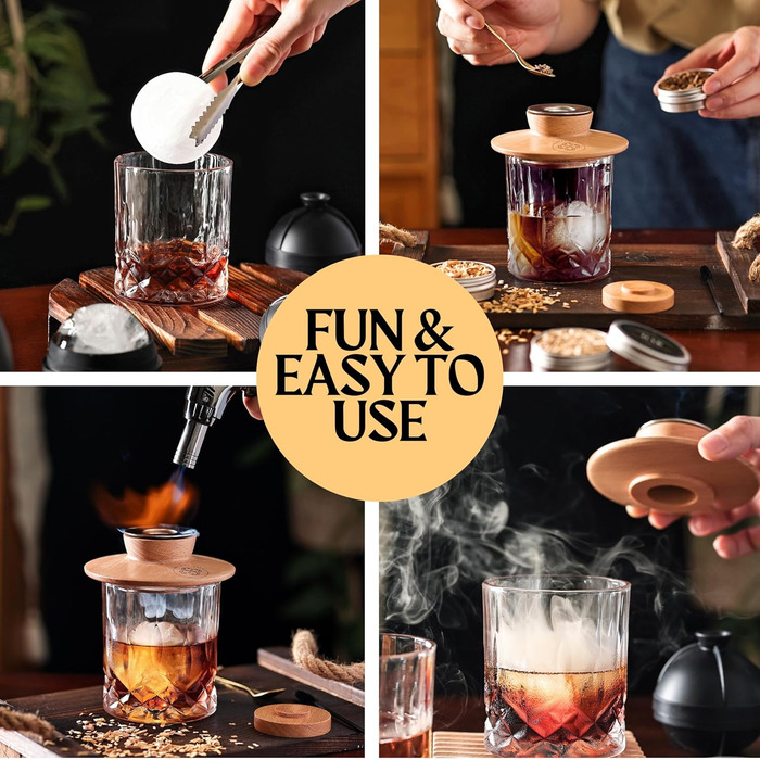 Whiskey Smoker Kit - Cocktail Smoker Kit with Torch, 2 Whiskey Glasses, 2 Ice Ball Makers, 6 Flavors of Wood Chips - Old Fashioned Smoker Bourbon Drink Smoking Set - Bourbon Gifts for