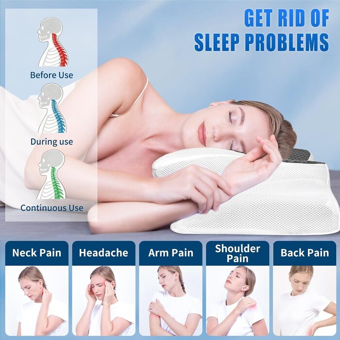 Подушка для шиї SAHEYER з Memory Foam, ортопедична, ергономічна, для тих, хто спить на боці, 60 x 35.5 x 10/13 см (Сіра)