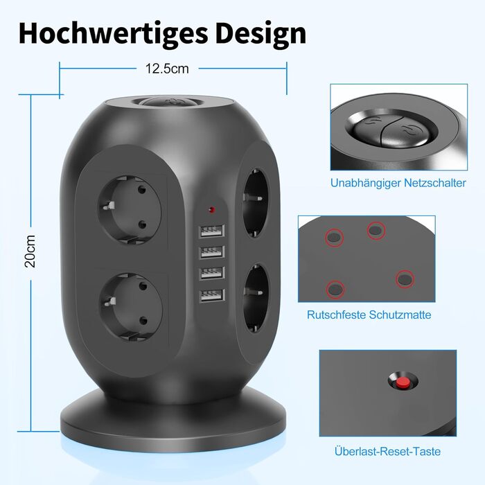 Багатофункціональна мережа живлення Colstar з 4 USB, 8 розеток, захистом від перенапруги, 2м кабелем, для дому та офісу, чорна