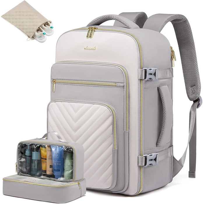 Рюкзак LOVEVOOK 40L для ручної поклажі в літак, жіночий, водонепроникний, з відділенням для ноутбука 17 дюймів, підходить для Easyjet, для подорожей, роботи, хайкінгу, оливково-бежевий (17.3 дюйми, світло-сіро-бежевий)