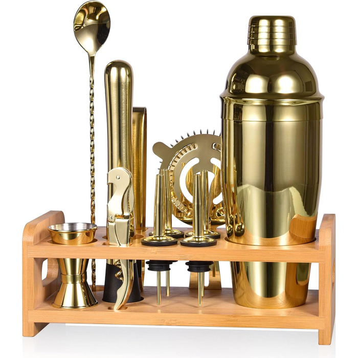 Набір шейкер для коктейлів Esmula 750 мл, 12 предметів, нержавіюча сталь, професійний барменський набір, стильний барний інструмент для дому, з рецептами коктейлів (Золотий)