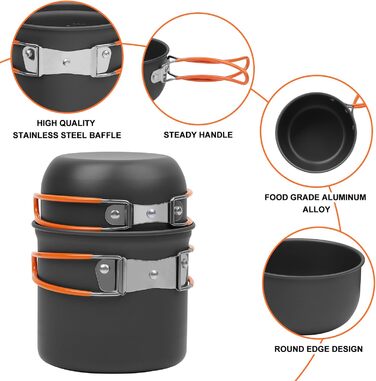 Набір посуду для кемпінгу Biliple 8-piece: каструля, сковорідка, газовa плитка, столові прибори для 1-2 осіб. Ідеально для пікніків, походів та кемпінгу.