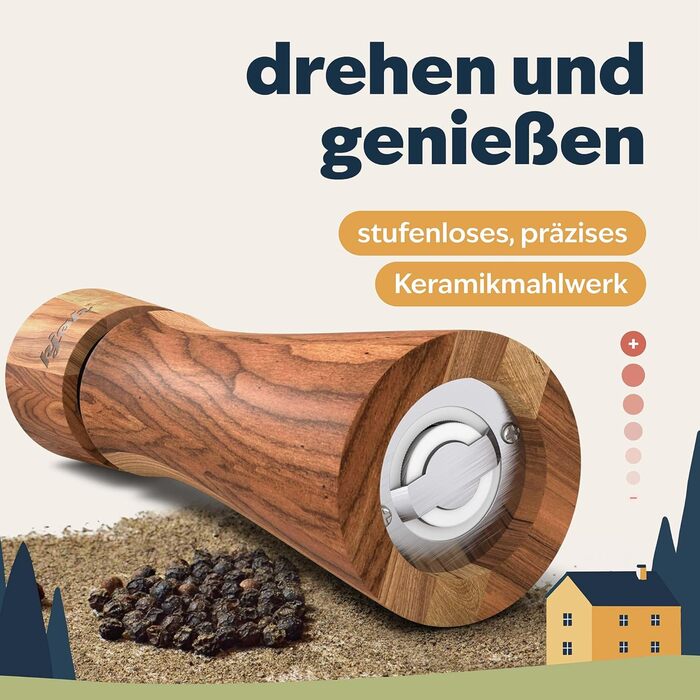 köc Premium Salt and Pepper Mill - Solid Acacia Wood with Coaster, Cleaning Brush and Funnel - Wooden Mill Set with Ceramic Grinder - Salt and Pepper Mill Father's Day Gift