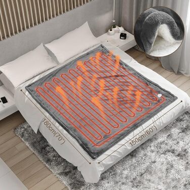Електрична ковдра OneAmg з таймером, 155x180 см, 6 режимів нагріву та дистанційним керуванням, машинне прання, сірий колір