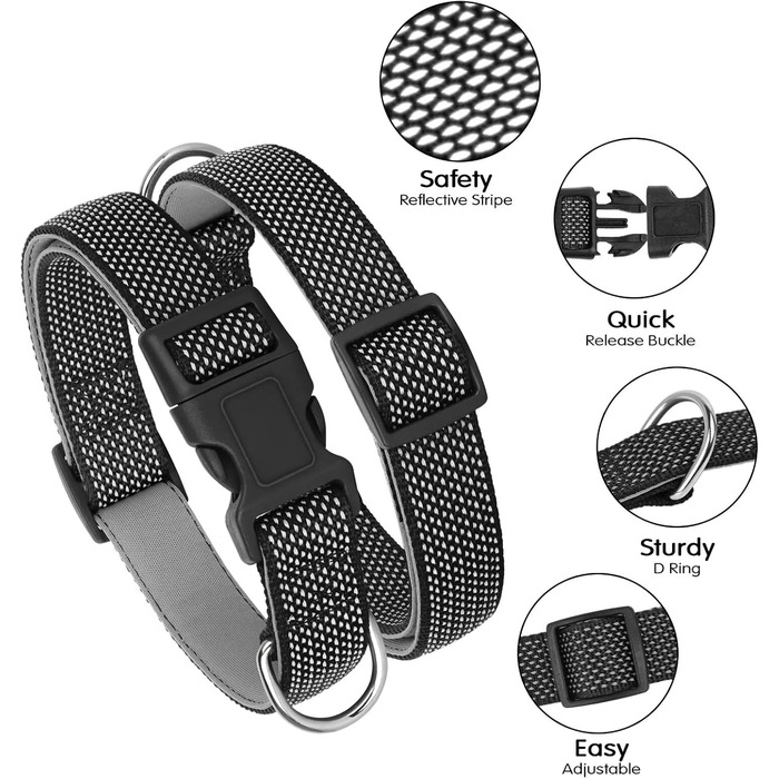 Світловідбиваючий нашийник для собак Didog з пряжкою, регульований, м'який неопрен, з підкладкою, нейлон, для малих, середніх та великих собак, зелений, L (обхват шиї 33-56 см)