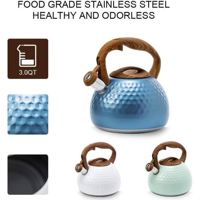 Чайник індукційний 3L з нержавіючої сталі з свистком, для плити, з дерев'яною ручкою, Off White