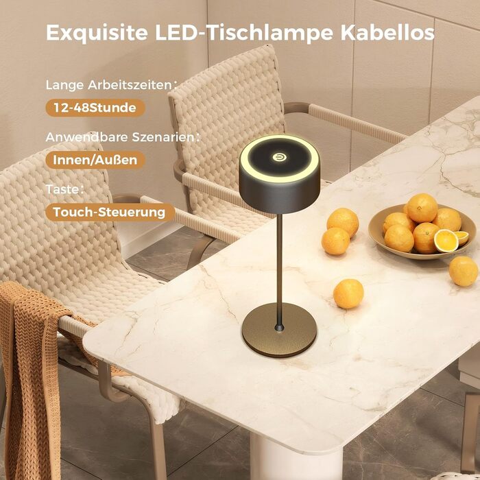 Бездротова LED-лампа TYEE настільна з регулюванням яскравості, акумуляторна, тепле світло 2200-3000K, USB-C, водонепроникна IP54, чорна