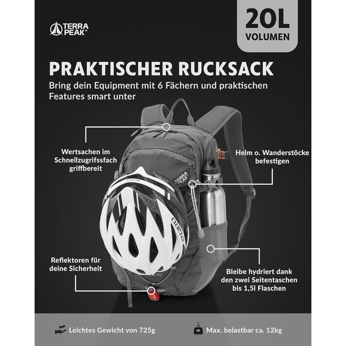 20L Flex 20 Premium Wanderrucksack (small) with back ventilation, hydration system & rain cover - Trekking backpack made of breathable 3D Air Mesh Polyester - Outdoor daypack with hip belt (Gray)
