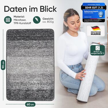 MOSSWANDERER Non-Slip Bathroom Rug - 60x90cm | Washable Luxury Bath Mat | Modern Black & Gray Design | Absorbent Floor Mat for Bathroom, Shower & More