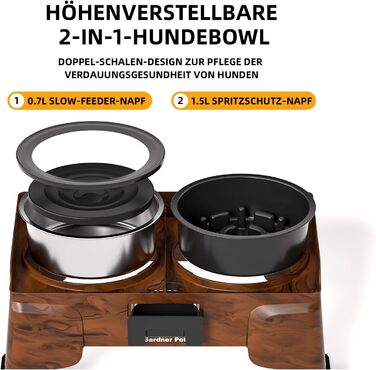 Підвищена годівниця для собак Gardner 2-в-1: миска для води без розливу та миска для повільного годування з регульованою висотою, 5 рівнів, протиковзна, для середніх та великих собак