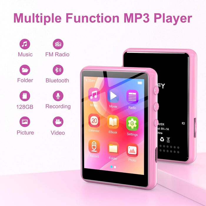 MP3 плеєр SWOFY 128GB Bluetooth 5.3, Рожевий - міні-плеєр з сенсорним екраном 2.4