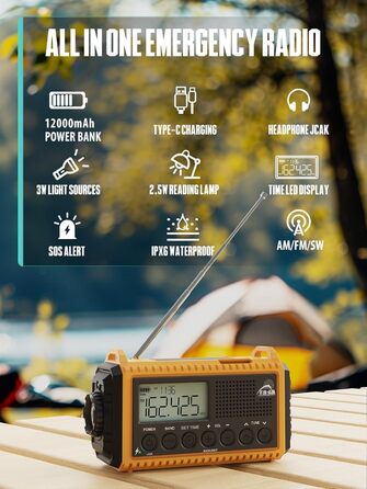 Радіо на батареї 12000mAh з ручним генератором та сонячною панеллю | AM/FM/SW, SOS, USB-C, IPX4, ліхтарик, для кемпінгу та відпочинку на природі, жовте