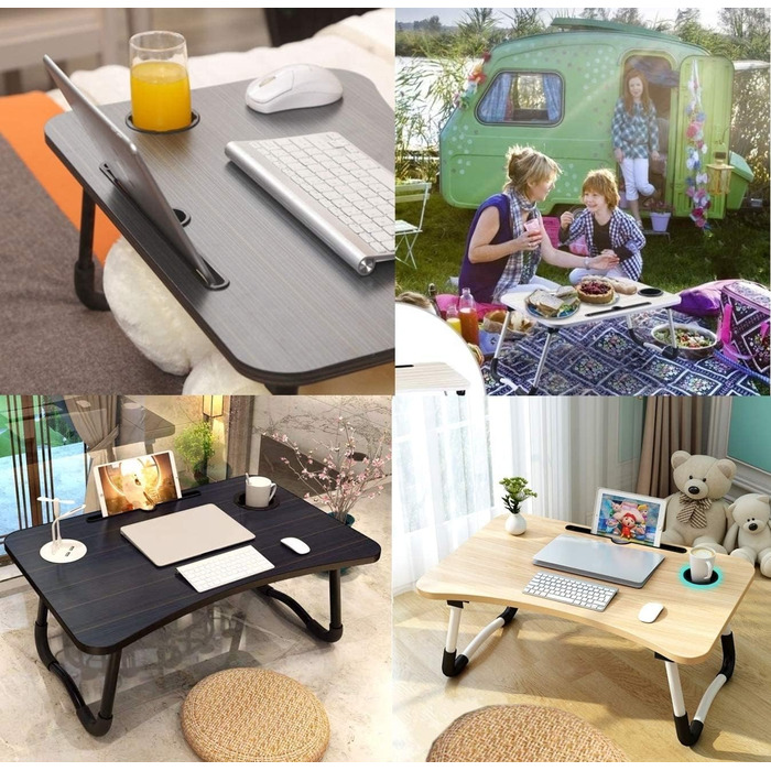 Стіл для ноутбука в ліжко, складаний, портативний: стіл для читання, піднос для сніданку, стіл для ноутбука, з тримачем для напоїв, 60 x 40 см, чорний