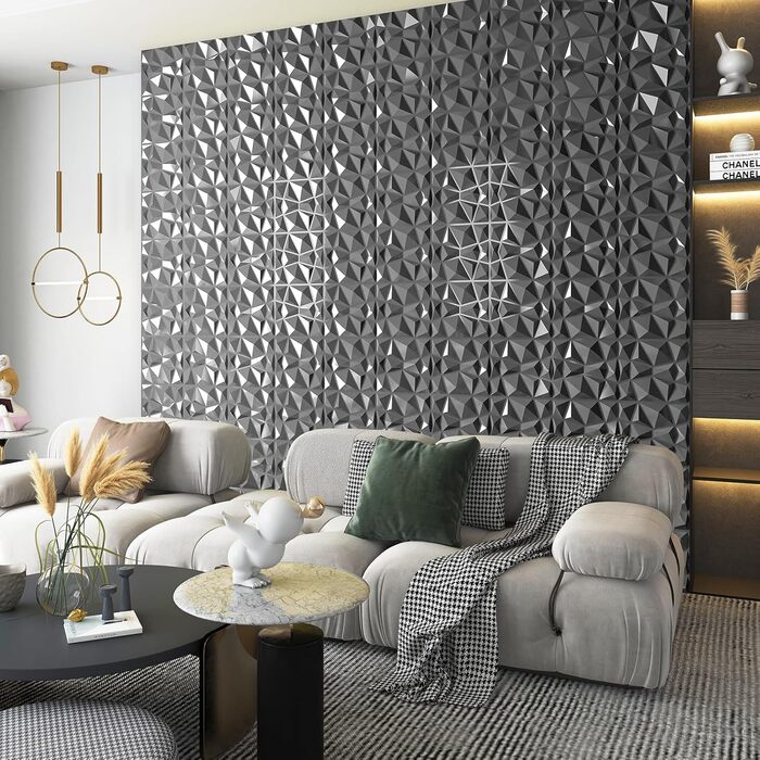 3D Панелі для стін Art3d (33 шт.) - діамантова фактура, сріблясті, 30x30 см. Високоміцний PVC, водостійкий, термостійкий