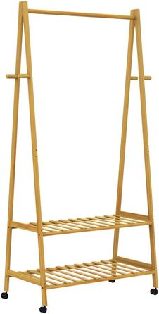 Casaria® Clothes Rack on Wheels Wood Stable Bamboo Clothes Rail Narrow with 4 Hooks 2 Shelves Open Coat Rack 155x70cm Entryway Coat Stand