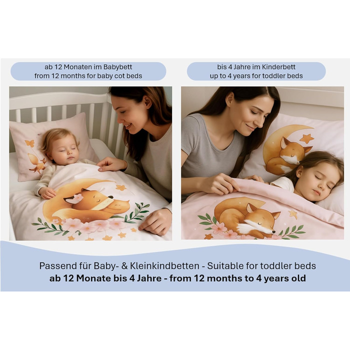 Комплект постільної білизни для дитячого ліжечка: комплект постільної білизни для малюків, постільна білизна для дитячого ліжечка 100x135 см та наволочка 40x60 см з бавовни, сертифікат Öko-Tex Standard, для хлопчиків та дівчаток (з принтом лисички)