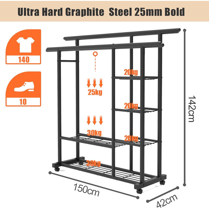 Металевий вішак для одягу GETCO TECH 150см з 6 полицями та 2 перекладинами, на коліщатах